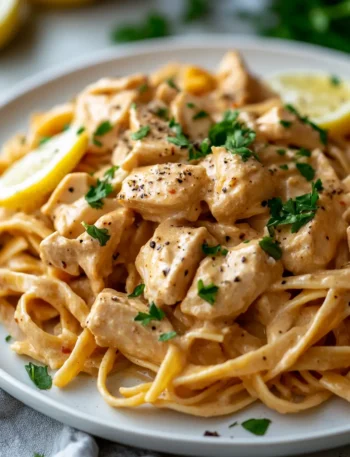 Cowboy Butter Chicken Linguine on white plate with parsley