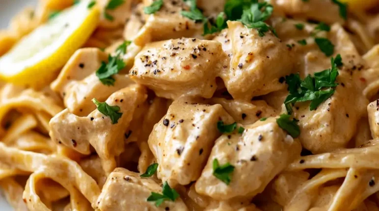 Cowboy Butter Chicken Linguine on white plate with parsley
