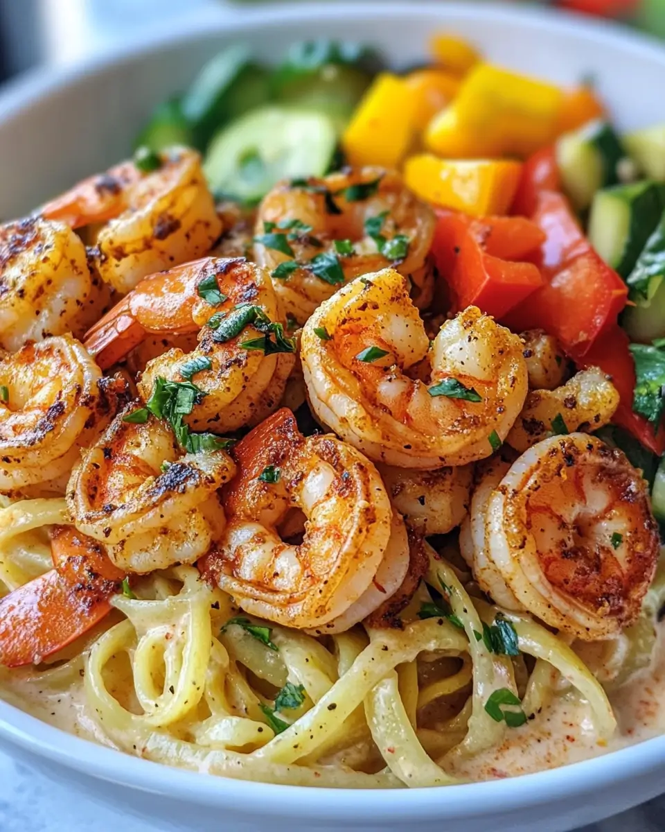 Healthy Cajun Shrimp Fettuccine Alfredo with veggies