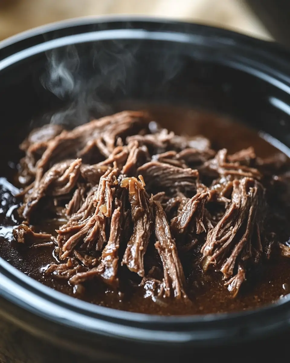 Shredded beef and gravy in a slow cooker