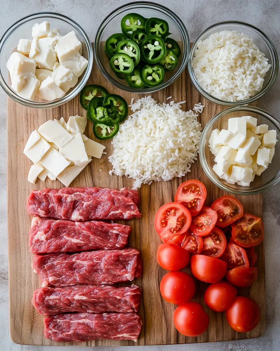 raw ingredients for steak queso rice