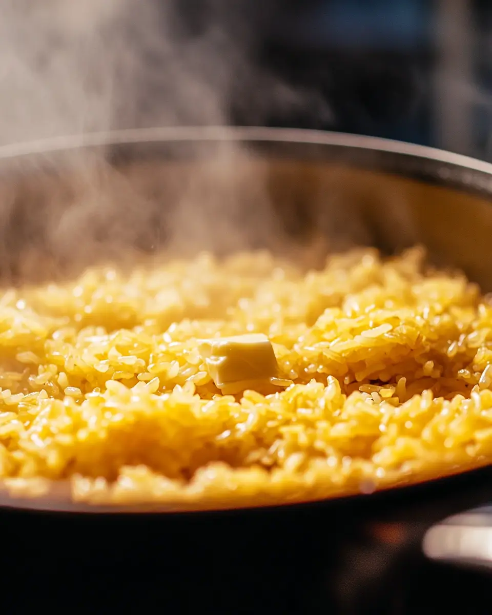 rice simmering in beef broth in a saucepan