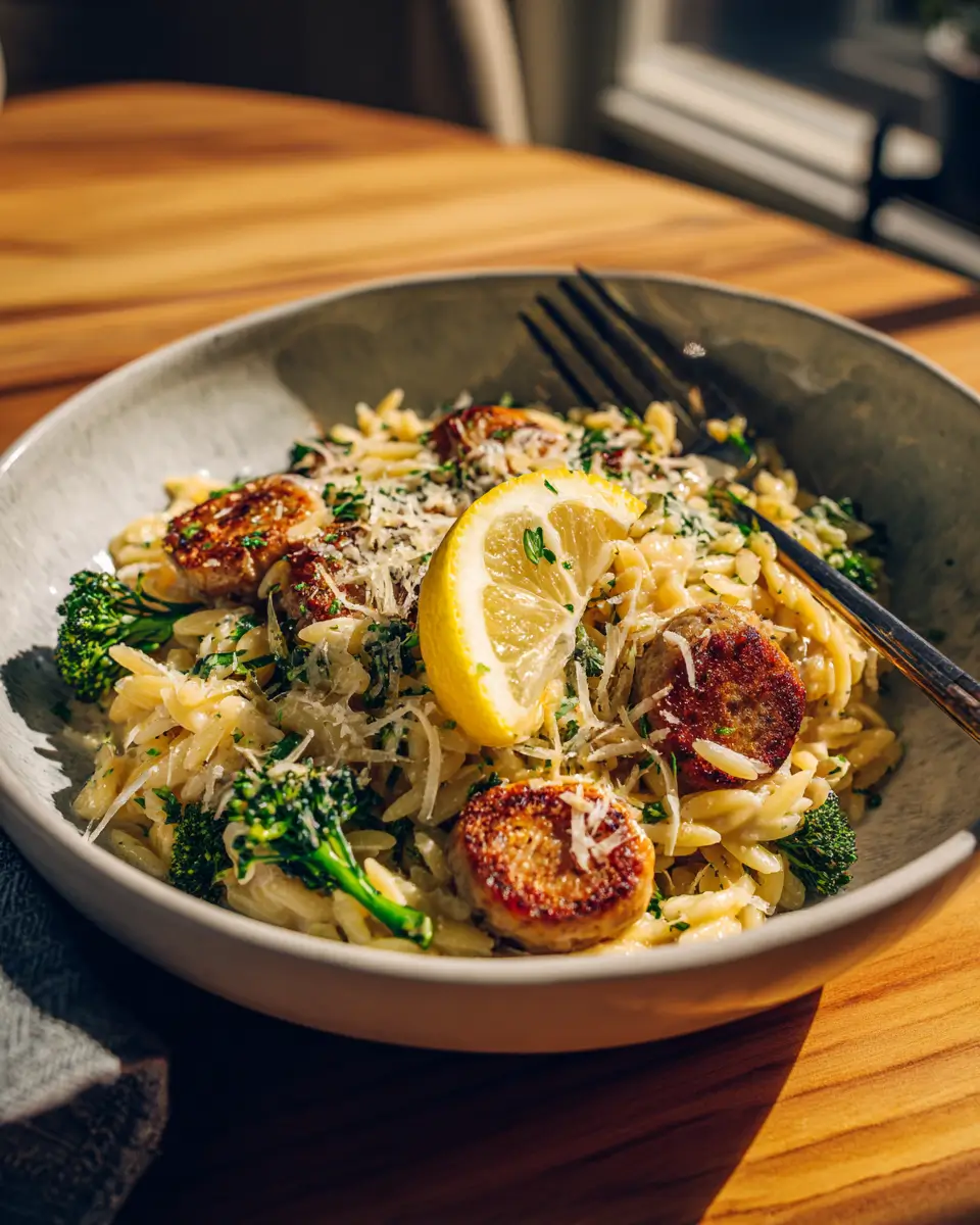 chicken sausage and broccoli orzo 
