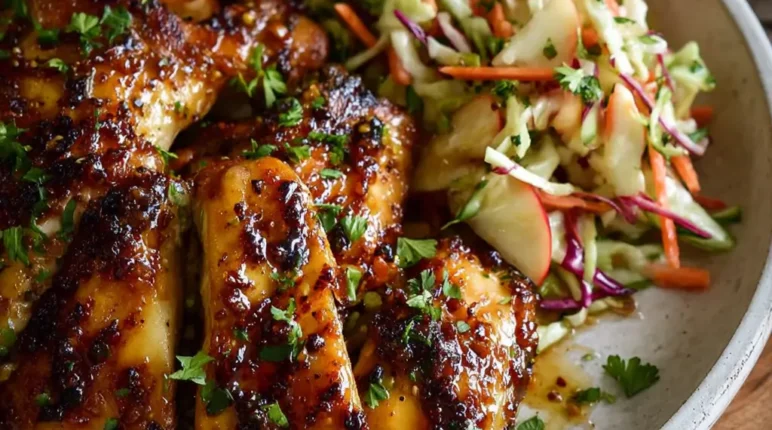 Sticky Apple Cider Chicken with Crisp Autumn Slaw
